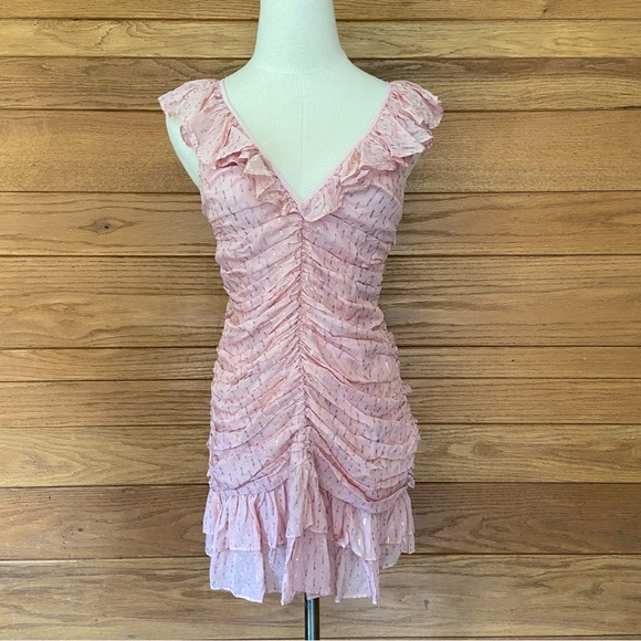 For Love & Lemons Chantal pink metallic gold ruffled mini dress - Picture 2 of 10
